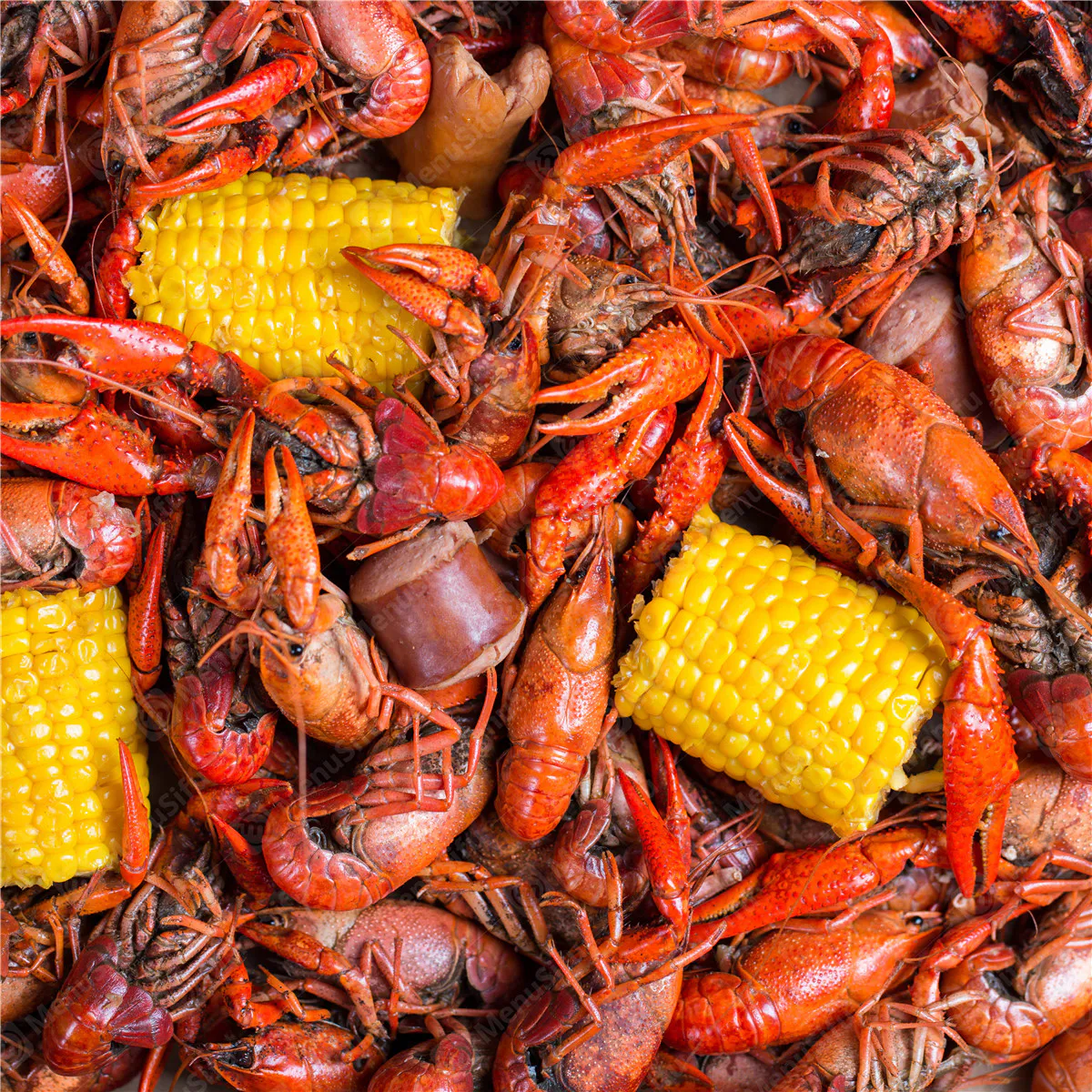 Boiled crawfish with corn and sausage in spicy Cajun seasoning at Rock Seafood and Fried Crabhouse, a Seafood Restaurant in Baltimore